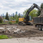 Excavator loading separated concrete rubble on an Edmonton residential demolition site