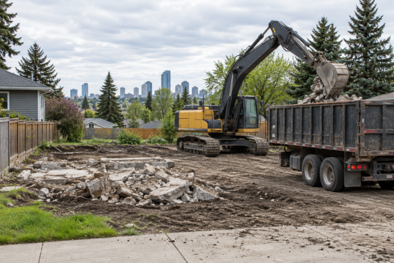 Excavator loading separated concrete rubble on an Edmonton residential demolition site