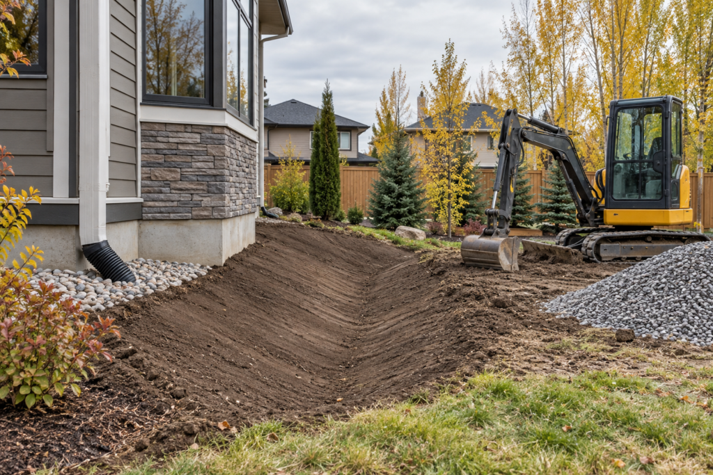 Excavator shaping drainage grading beside an Edmonton-area home in autumn
