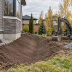 Excavator shaping drainage grading beside an Edmonton-area home in autumn